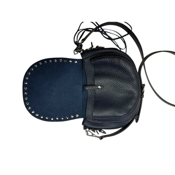 Rebecca Minkoff Half Moon Studded Leather Unlined Saddle Bag Navy Blue Biker - Picture 6 of 7